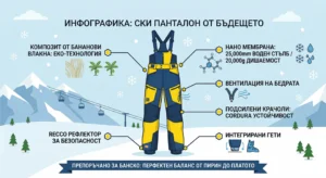 Подробна инфографика на синьо-жълти ски панталони тип гащеризон на планински фон със ски лифт. Показани са ключови технологии: еко-материал от бананови влакна, нано мембрана (25,000mm воден стълб/20,000g дишаемост), вентилация на бедрата, подсилени крачоли с Cordura, гети и RECCO рефлектор. В банер долу се препоръчва за Банско.