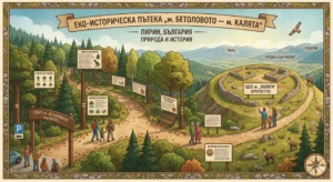 Detailed illustration in retro tourist poster style showing a map of an eco-historical trail from Betolovoto to Kalyata in Pirin, Bulgaria. The graphic depicts tourists walking on a forest trail, information signs about flora and history, ancient ruins of a fortress on a round hill, panoramic views of Rila, Rhodopes and the town of Razlog, a deer, a chamois and a golden eagle.