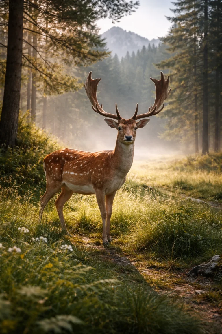 Величествен мъжки елен лопатар (Dama dama) с големи лопатообразни рога в утринните гори на Пирин планина около Банско.