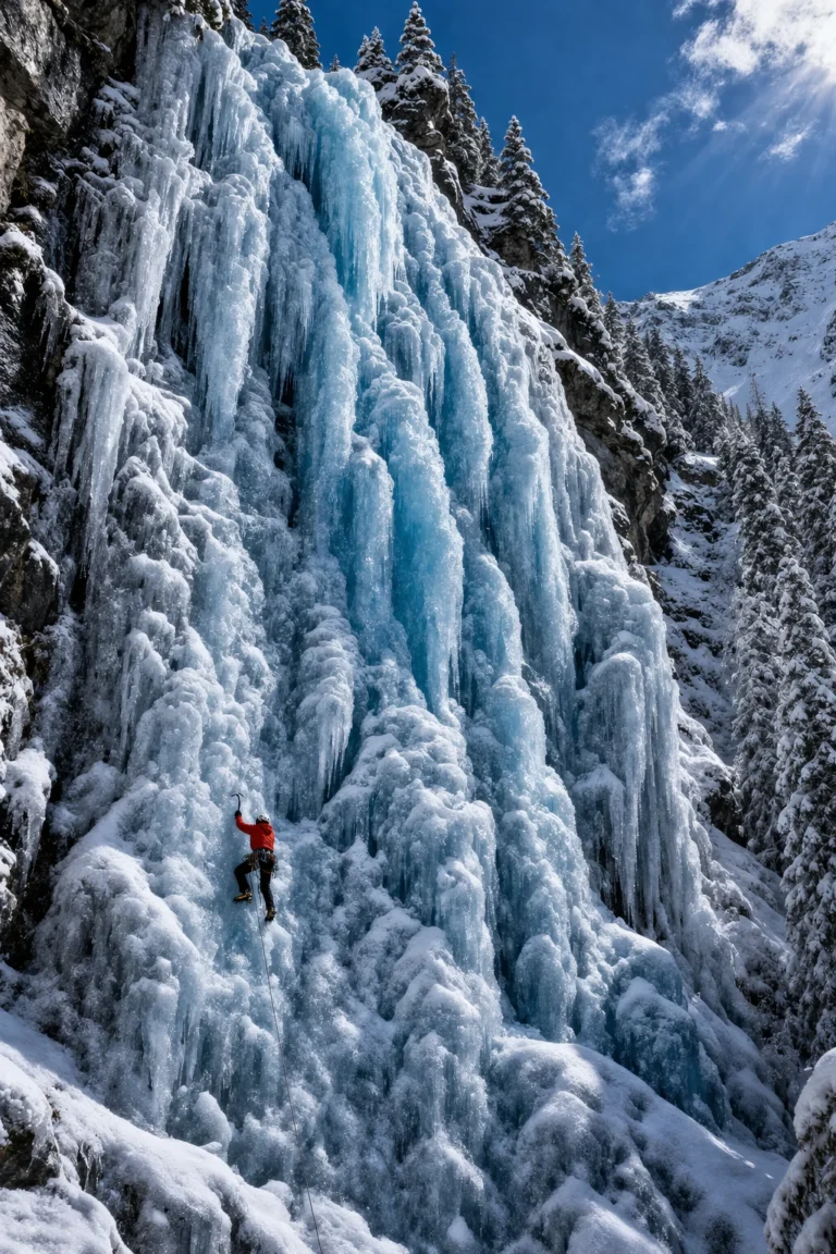 Мащабен замръзнал водопад в Пирин планина с огромни сини и бели ледени висулки, докато малък катерач в червено яке изкачва ледената стена.