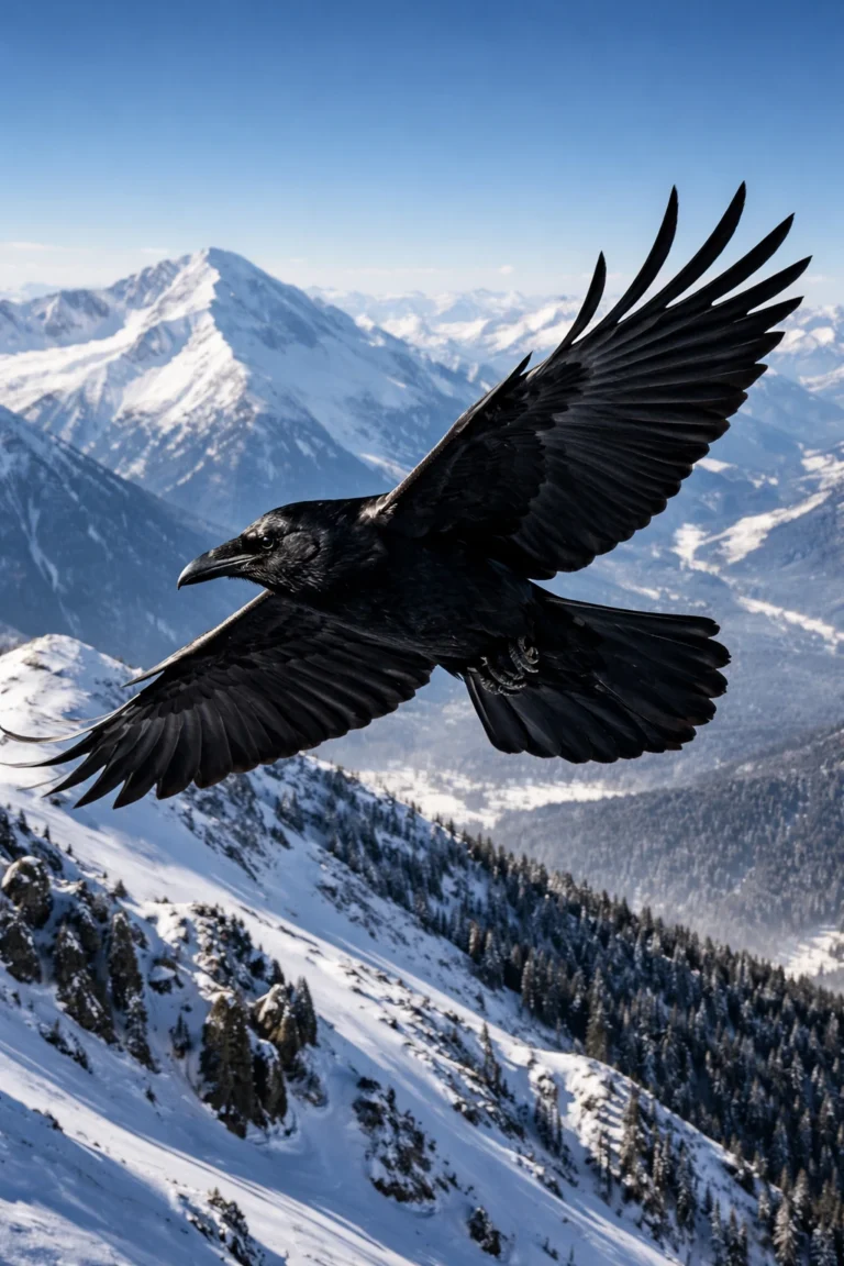 Черен гарван гробар лети величествено над заснежените върхове на Пирин планина край Банско.