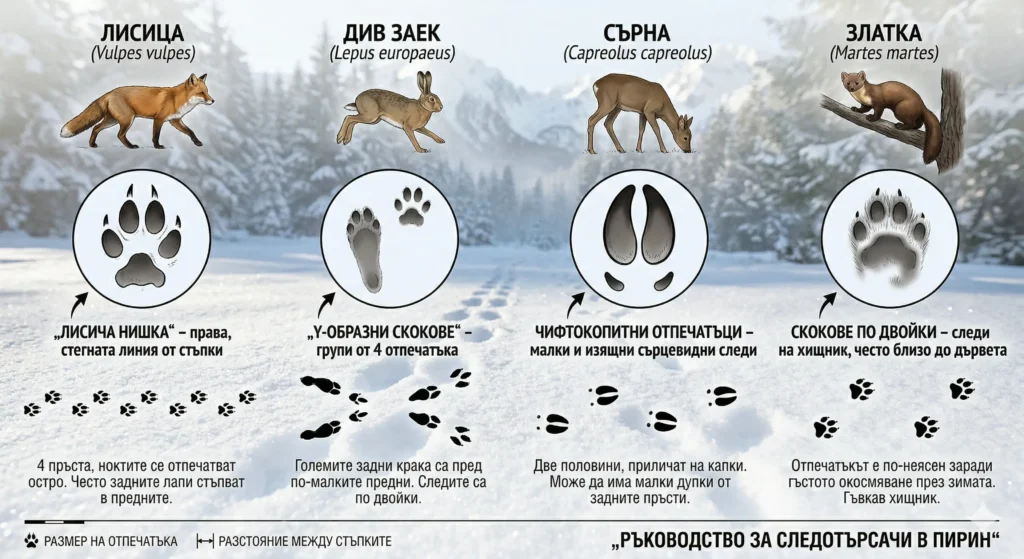Инфографика с ръководство за разпознаване на следи от лисица, див заек, сърна и златка в снега.