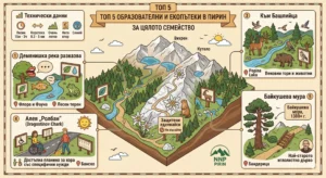 Isometric illustrative infographic of Pirin Mountain showing 5 marked educational eco-trails. Title: "TOP 5 EDUCATIONAL AND ECO-Trails in PIRIN FOR THE WHOLE FAMILY". There is a panel with technical data: Easy difficulty, Time 15m - 3h, Distance 0.3 - 5 km, Very low elevation, No fee, Suitable for families. Details of the five trails with their key icons and locations are included: Demyanishka River Tells (Razkaz reka Demyanitsa) with Flora and Fauna, Fish and Frog (Bansko); Kum Bashliytsa (Kum Bashliytsa) with Ancient Forests and Animals, Deer, Wild Boar and Birds (Popina Laka); Alley "Rolban" (Dragostinov Chark) (Aleya "Rolban") with Accessible Mountain for People with Specific Needs and Illustrations of Wheelchairs and the Blind (Bansko); Baykusheva mura (Baykusheva mura) with Baykusheva mura, 1300+ years old (Baykusheva mura, 1300+ years old), the oldest coniferous tree (The oldest coniferous tree) and a portrait of Konstantin Baykushev (Banderitsa); and the Protected Edelweiss trail (Protected Edelweiss) with a marmot and a warning "Do not cut". All texts are in Bulgarian. Pirin NP logo included.