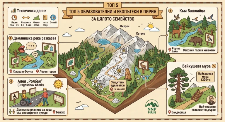 Isometric illustrative infographic of Pirin Mountain showing 5 marked educational eco-trails. Title: "TOP 5 EDUCATIONAL AND ECO-Trails in PIRIN FOR THE WHOLE FAMILY". There is a panel with technical data: Easy difficulty, Time 15m - 3h, Distance 0.3 - 5 km, Very low elevation, No fee, Suitable for families. Details of the five trails with their key icons and locations are included: Demyanishka River Tells (Razkaz reka Demyanitsa) with Flora and Fauna, Fish and Frog (Bansko); Kum Bashliytsa (Kum Bashliytsa) with Ancient Forests and Animals, Deer, Wild Boar and Birds (Popina Laka); Alley "Rolban" (Dragostinov Chark) (Aleya "Rolban") with Accessible Mountain for People with Specific Needs and Illustrations of Wheelchairs and the Blind (Bansko); Baykusheva mura (Baykusheva mura) with Baykusheva mura, 1300+ years old (Baykusheva mura, 1300+ years old), the oldest coniferous tree (The oldest coniferous tree) and a portrait of Konstantin Baykushev (Banderitsa); and the Protected Edelweiss trail (Protected Edelweiss) with a marmot and a warning "Do not cut". All texts are in Bulgarian. Pirin NP logo included.