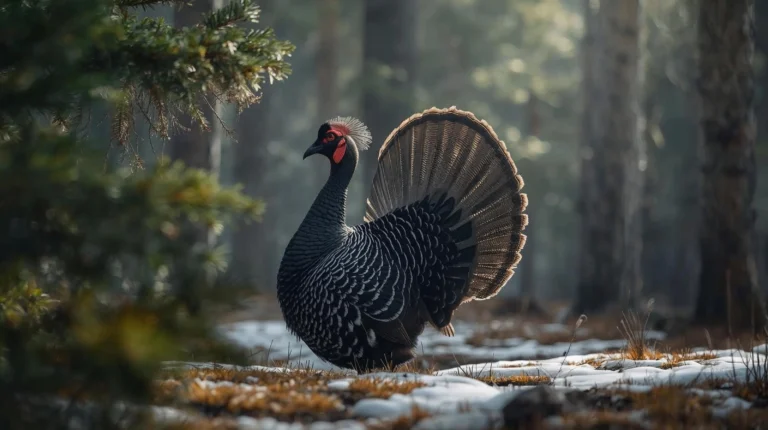Мъжки глухар (Tetrao urogallus) токува в стара иглолистна гора в планината Пирин над Банско.