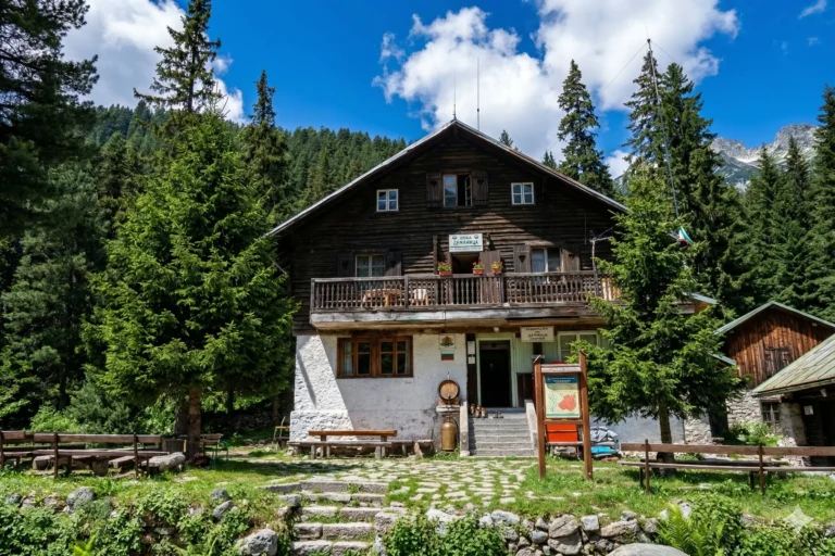 The Demyanitsa wooden hut in the Pirin Mountains, Bulgaria, surrounded by dense coniferous forest and rocky peaks under a blue sky with fluffy clouds. In the foreground is a stone path, wooden benches and tables.