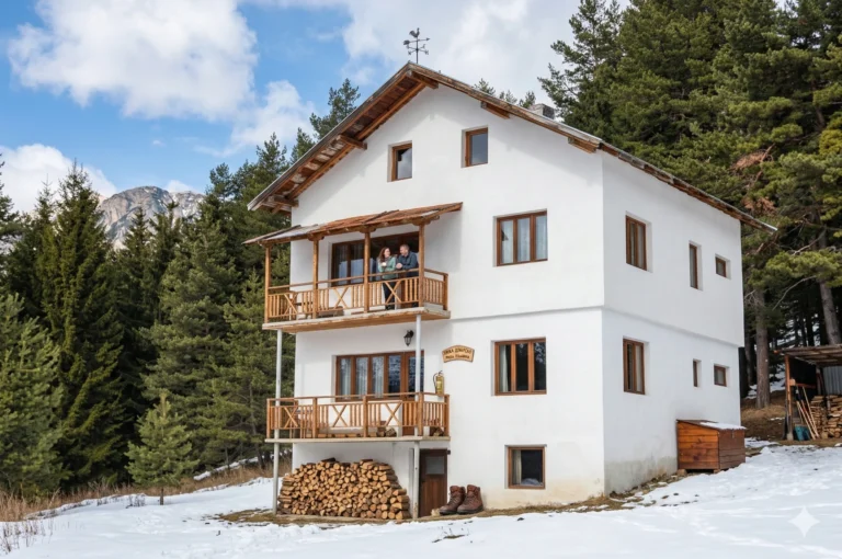 A picturesque three-story stone and wooden chalet "Dobarsko" in Southern Rila, located amidst a dense coniferous forest. In the foreground is a gravel path, wooden benches and tables, and behind it are alpine peaks under a blue sky with clouds.