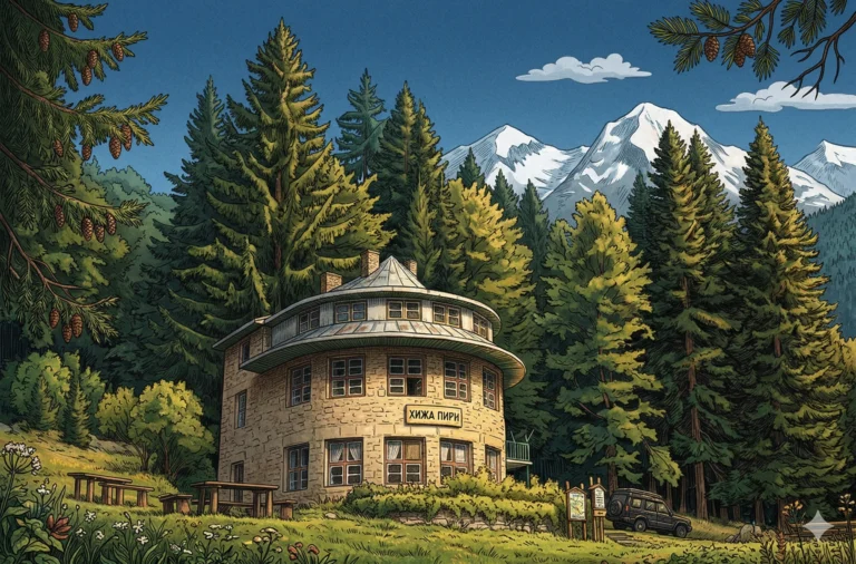 The massive building of the Pirin hut, located in the Sveti Duh area along the Pirinska Bistrica River.