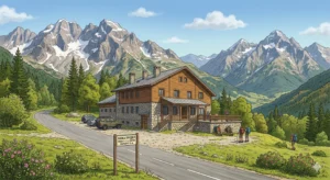 An illustration of the Predel mountain hut in Bulgaria, with the inscriptions "Rila Pirin" and "Route E-4", surrounded by towering alpine peaks, dense coniferous forests and blooming rhododendrons. Mountaineers with backpacks and parked cars are visible.