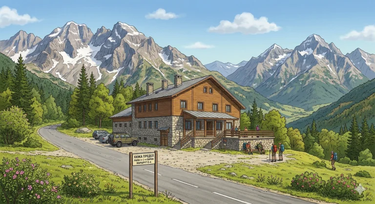 An illustration of the Predel mountain hut in Bulgaria, with the inscriptions "Rila Pirin" and "Route E-4", surrounded by towering alpine peaks, dense coniferous forests and blooming rhododendrons. Mountaineers with backpacks and parked cars are visible.