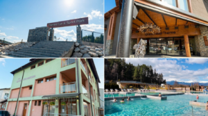 Колаж от хотели и минерални басейни в Баня, България