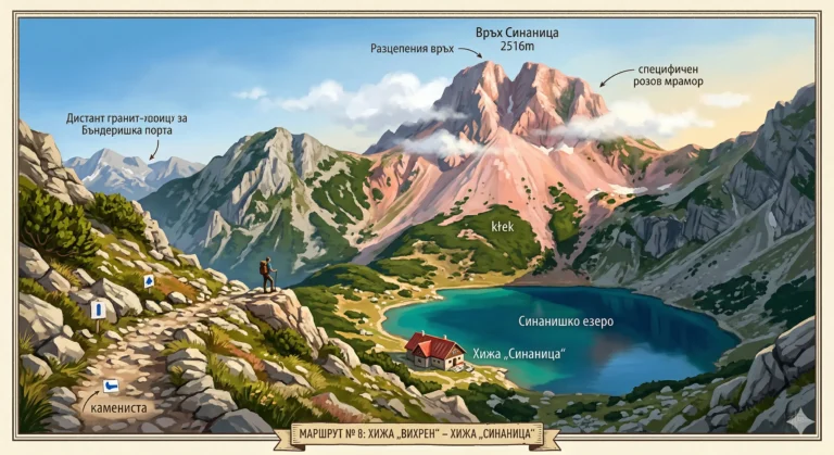 Illustrative poster of the Pirin Mountains in Bulgaria, showing Sinanitsa Peak (2516 m) with distinctive pink marble, Sinanitsa Lake and Sinanitsa Hut. Banderishka Gate, Distant Granite Cornice and a rocky path with markings and a small tourist are depicted. A scroll below indicates "ROUTE No. 8: VIHREN HUT - SINANITSA HUT".