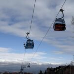 Кабинков лифт в Банско с брандирани гондоли, движещи се по стоманени въжета на фона на синьо небе с бели облаци и изглед към планината и покривите на града