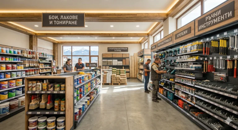 Interior view of a modern and well-stocked hardware and building materials store. On the left are shelves with numerous cans of paint, and above them a sign saying "PAINTS, VARNISHES AND TINTING". On the right are hand tools displayed on a wall with pegboard and fasteners, under signs saying "HAND TOOLS" and "FASTENERS". In the background is a cash register with two employees and a large window with a view of snow-capped mountains. A customer examines tools on the right.