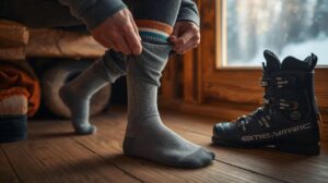 A skier wears high-tech ski socks made of merino wool with knee-length and reinforced areas.