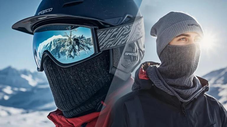 Скиор със ски каска, маска и черна мериносова балаклава, предпазваща лицето му от студа в планината.