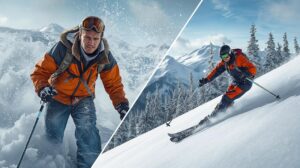 Скиор с дънки срещу скиор с професионални ски панталони на пистата