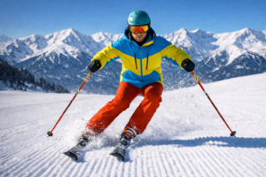 A novice skier learns to bring his legs together and make a parallel turn on a sunny slope in Bansko.