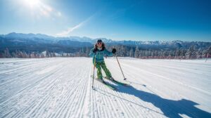 Начинаещ скиор в Банско усвоява позицията рало на слънчева и широка учебна писта