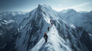 Алпинисти преминават по тесен скален ръб по време на зимно катерене в Пирин над Банско.