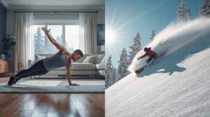 овек, изпълняващ кондиционна тренировка за сноуборд в домашни условия, и сноубордист по снежните писти.