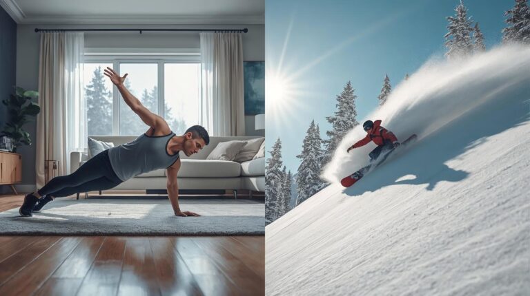 овек, изпълняващ кондиционна тренировка за сноуборд в домашни условия, и сноубордист по снежните писти.