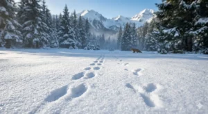 Clear animal tracks in fresh snow against the backdrop of a winter coniferous forest and peaks in the Pirin Mountains.
