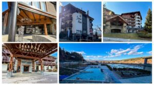 Коллаж из фотографий роскошных отелей и бассейнов в Банско, Болгария, с живописными видами на горы.