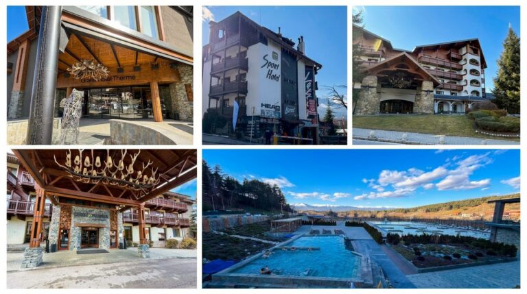 Коллаж из фотографий роскошных отелей и бассейнов в Банско, Болгария, с живописными видами на горы.