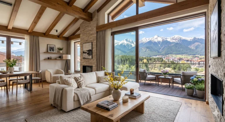 Пазар на имоти в Банско - интериор на луксозен апартамент с изглед към планината