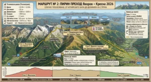 Infographic of Route No. 2 in Pirin from the junction for Yavorov Hut (Betolovo) to Kresna with profiles of the three stages, elevation gain +1000/–2600 m and panoramas of Pirin, Rila and Vlahina.