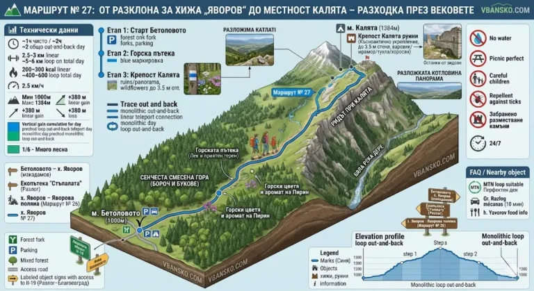 Detailed infographic map in isometric style describing the mountain Route No. 27 from the Razlog Valley to the Kalyata area in Pirin. The image includes a 3D terrain model with blue trail markings, passing through a shady mixed forest, rocky hills and the ruins of the late antique fortress Kalyata (1384 m above sea level), hanging over the Byala Reka ravine. The map is enriched with panels with technical data (Time: ~1 h, Distance: 2.5-3 km, Elevation gain: +380 m, Difficulty: 1/6 Elementary), Important warnings (lack of water, ticks, picnic areas), Logistics and a FAQ section, including the MTB route "Perfect Day" and nearby sites in Razlog and Betolovoto.