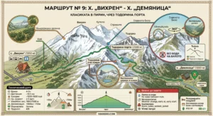 Infographic of Route No. 9 in Pirin from Vihren hut to Demyanitsa hut (green marking) through Todora Gate with relief profile, elevation gain +600 m and views of Valyavishki Lakes.