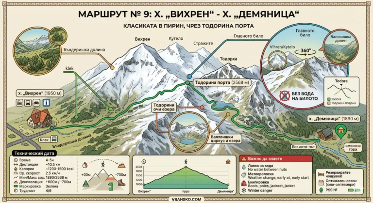 Infographic of Route No. 9 in Pirin from Vihren hut to Demyanitsa hut (green marking) through Todora Gate with relief profile, elevation gain +600 m and views of Valyavishki Lakes.