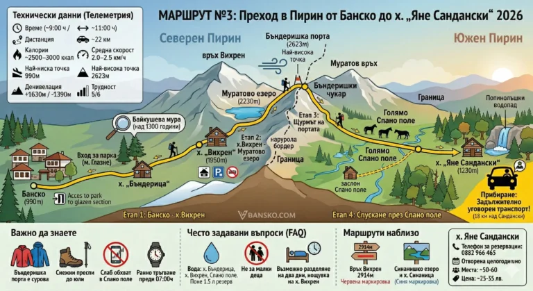 Infographic of route #3: one-day hike in Pirin from Bansko to Yane Sandanski hut via Vihren hut, Muratovo Lake, Banderishka Porta and Spano Pole, with technical data, stages and important warnings about the terrain and conditions.