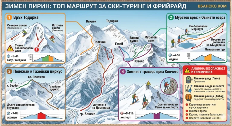 Infographic "Winter Pirin" with top ski touring and freeride routes around Bansko, showing peaks such as Todorka, Muratov Peak and Polezhan, route diagrams and avalanche safety
