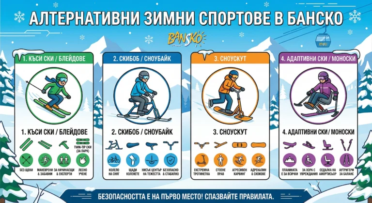 Модерна векторна инфографика със заглавие „Алтернативни зимни спортове в Банско“ на планински фон с кабинков лифт. Изображението е разделено на четири колони с икони и български текст: 1. Къси ски / Блейдове (без щеки, маневрени); 2. Скибоб / Сноубайк (седнало каране, щади коленете); 3. Сноускут (екстремна тротинетка, право стоене); 4. Адаптивни ски / Моноски (за хора с увреждания, седалка на амортисьор). Долу има банер „Безопасността е на първо място! Спазвайте правилата.“