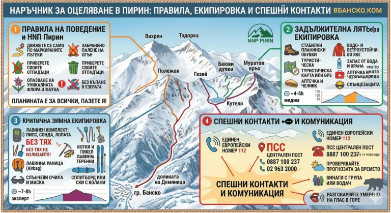 Infographic "Survival Guide in Pirin" with basic safety rules, mandatory equipment and emergency telephone numbers of the Mountain Rescue Service in Bulgaria.