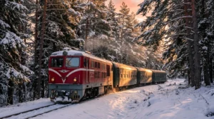 Влак с червено-бял локомотив и зелени вагони на тясногабаритната линия в Родопите, под синьо небе на малка селска гара