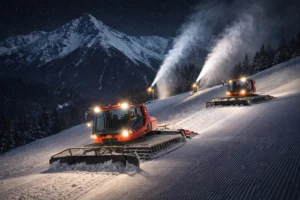 A red snowmobile plows the snow on a steep ski slope in Bansko at night, leaving a trail of corduroy.