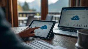 An entrepreneur's hand working with cloud accounting software on a tablet in a cafe in Bansko, symbolizing remote accounting.
