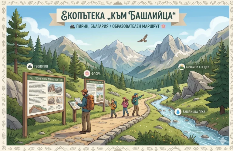 A detailed vintage poster-style digital illustration of the "Towards Bashliytsa" eco-trail in Pirin, Bulgaria, showing tourists and information boards about geology and flora by the Bashliytsa River beneath steep mountain peaks.