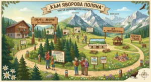 Illustrated map of the short educational route "To Yavorova Polyana" in the Pirin Mountains. The map shows the trail starting from Yavorov hut, passing through a forest with information signs about the flora and fauna, and reaching Yavorova Polyana with a recreation area, a gazebo and a panoramic view of the peaks of Stapalata and Bayuvi Dupki. Tourists, animals and plants are depicted along the route.