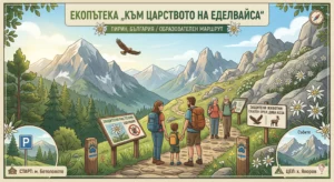 A vintage poster-style digital illustration of the "To the Kingdom of Edelweiss" eco-trail in Pirin. It shows a family of tourists, information signs about protected plants and animals, edelweiss on the rocks, and a bear paw marking on wooden pegs leading to high peaks.