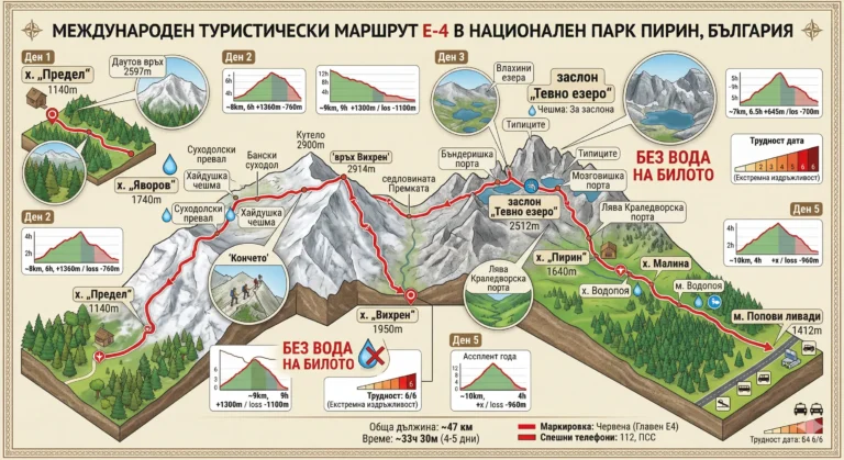 Detailed isometric infographic map of the International Hiking Route E-4 in Pirin National Park, Bulgaria, showing a 5-day hike from Predel hut to Popovi Livadi area, marked with a red line on topographic relief. The map includes embedded elevation profiles (topographic profiles) for each day with distance (~km), approximate time (h), ascent and descent data. Key points are highlighted such as Yavorov hut, Koncheto ridge (with embedded photo), Vihren peak (2914 m - marked as the highest point), Vihren hut, Vlahini lakes, Tevno lake shelter (2512 m) and Pirin hut. The image contains a bright red warning in the text "NO WATER ON THE RIDGE" and a difficulty rating of 6/6 (Extreme endurance). A legend for the marking (Red) and emergency telephone numbers (112, EMS) are included. Total route statistics: ~47 km in ~33h 30m (4-5 days).