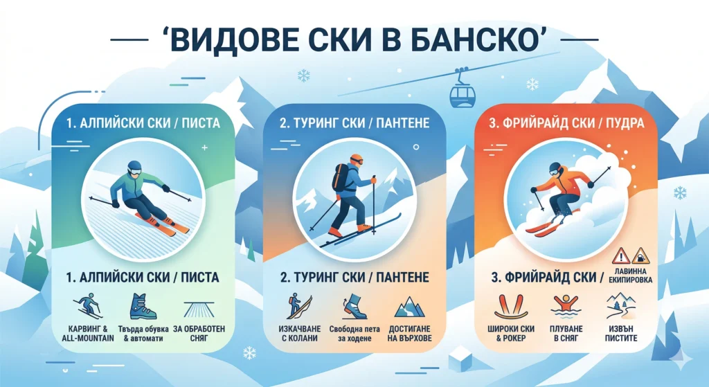Илюстративна инфографика със заглавие „Видове ски в Банско“, разделена на три основни панели на планински фон с кабинков лифт. Левият панел е за алпийски ски на писта (карвинг, твърди обувки, обработен сняг). Средният панел е за туринг ски и пантене (изкачване с колани, свободна пета, достигане на върхове). Десният панел е за фрийрайд ски в пудра (широки ски, плуване в сняг, извън пистите и предупреждение за лавинна екипировка). Включени са съответните икони за екипировка и терен за всеки стил.