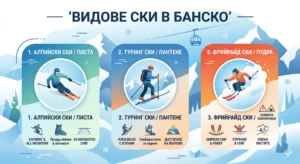 Илюстративна инфографика със заглавие „Видове ски в Банско“, разделена на три основни панели на планински фон с кабинков лифт. Левият панел е за алпийски ски на писта (карвинг, твърди обувки, обработен сняг). Средният панел е за туринг ски и пантене (изкачване с колани, свободна пета, достигане на върхове). Десният панел е за фрийрайд ски в пудра (широки ски, плуване в сняг, извън пистите и предупреждение за лавинна екипировка). Включени са съответните икони за екипировка и терен за всеки стил.