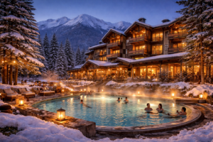 Luxury spa hotel in Bansko in winter with an outdoor heated pool and views of the Pirin Mountains.