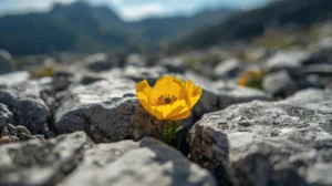 Жълт Пирински мак (Papaver degenii) цъфтящ върху мраморни скали в Пирин планина.