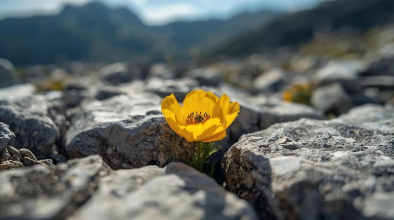 Жълт Пирински мак (Papaver degenii) цъфтящ върху мраморни скали в Пирин планина.